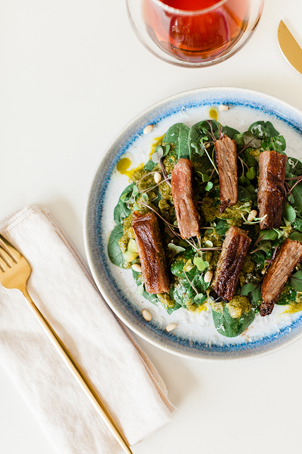 Japanese A-5 wagyu with green salad, salad, wagyu, Japanese, nutrition, clean eating, cooking at home, Sun and Salt Wellness